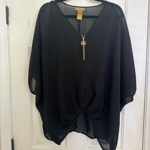 Miss Tina Black Sheer Blouse with Gold Accent